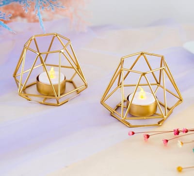 Famanu - Set van 2 metalen zeshoekige theelichthouders, geometrisch ontwerp, ijzeren holle kandelaars voor vintage bruiloft, woondecoratie, gouden kerstkandelaar, Halloween (S + S)