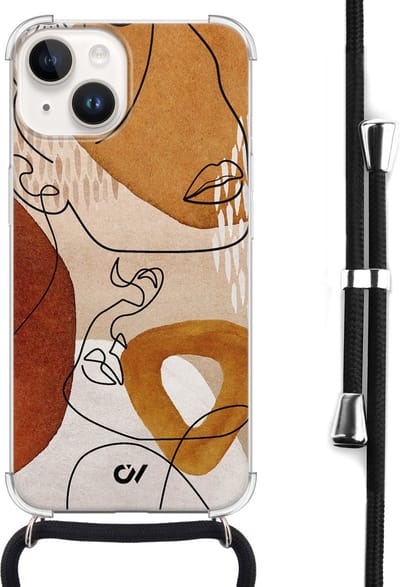 Casevibes - Telefoonhoesje met koord - Geschikt voor Apple iPhone 14 - Abstract Shape Faces - Bruin -