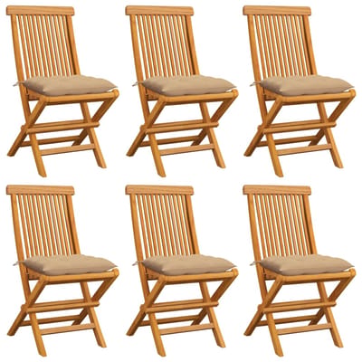 vidaXL - Klapstoelen - met - beige - kussens, - 6 - stuks, - massief - teakhout