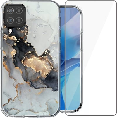 Hoesje geschikt voor Samsung Galaxy A12 - Siliconen Shock Proof Case Back Cover Hoes Marmer Goud + Screenprotector Gehard Glas Screen Protector