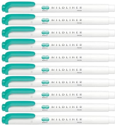 Zebra Mildliner Double-Sided Highlighter - Fine / Bold – Mild Summer Green Set van 10 + een Luxe Zipperbag - WKT7-MSG
