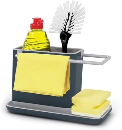 Spoelbakorganizer met geïntegreerd afdruiprek, spons, borstel, afwasmiddel en doekhouder, verwijderbaar, Grijs