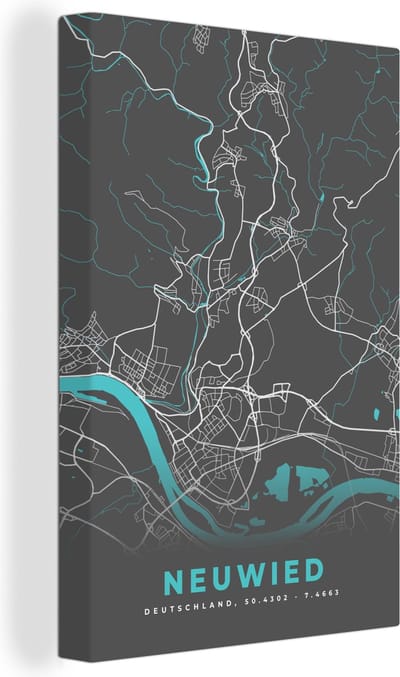 Canvas Schilderij Blauw – Duitsland – Plattegrond – Stadskaart – Kaart – Neuwied - 20x30 cm - Wanddecoratie