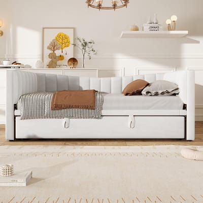 MEUNIQ daybed 90x200 cm uitschuifbaar tot 180x200 cm, slaapbank met onderschuifbed, gestoffeerd bed van fluweel voor slaapkamer of woonkamer, wit