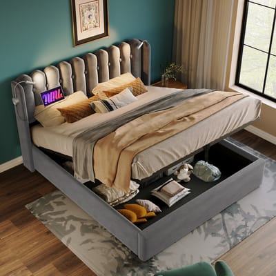 Wishdor Gestoffeerd Opbergbed 140x200 cm – Leeslamp en USB – Gasdrukveer Opbergruimte – Fluweel – Grijs