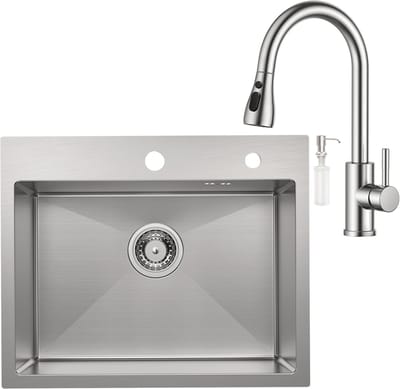 CECIPA max Spoelbak voor keuken 55x45CM - Spoelbak Keuken Met Keukenkraan Met Uittrekbare Uitloop - Spoelbak Met Kraangat - Enkele spoelbakken RVS– Spoelbakken met Afvoer