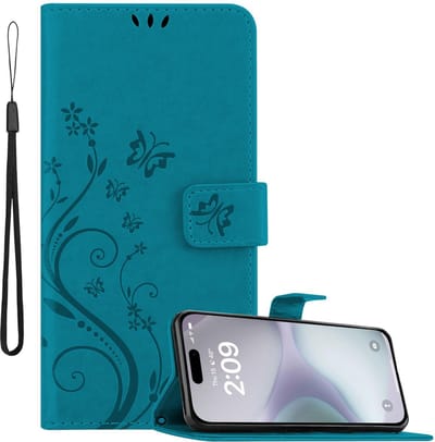 Cadorabo Hoesje geschikt voor Apple iPhone 16 in BLOEMEN BLAUW - Beschermhoes in bloemmotief met magnetische sluiting, standfunctie en kaartsleuven Book Case Cover Etui