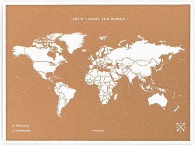 Wereldkaart Kurk - Decoratie Kaart - Reizen Plannen - Met Houten Lijst - 48 x 63 cm - Wit