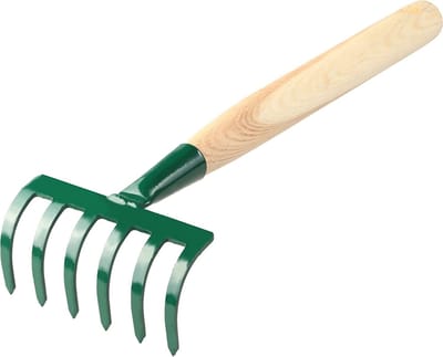 KADAX kleine metalen hark, hark gemaakt van hout, lommerrijke bezems, loudbreak, gazonhark voor tuin, tuin hicke, handhark, kleine ventilatorbroom (groen 6 tanden)