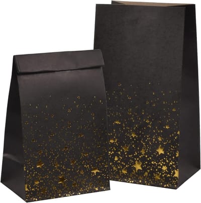 12 Stuks Kraft Cadeauzakken met Stickers voor Kinderen, Feestelijke Papieren Tassen met Gouden Hart en Sterrenpatroon voor Verjaardagen, Kerst, Bruiloften en Feesten