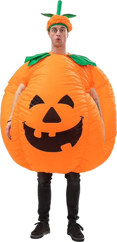 KIMU® Opblaas Kostuum Pompoen - Opblaasbaar Pak - Pompoenpak Mascotte Opblaaspak - Opblaasbare Oranje Kalebas Volwassenen Dames Heren Festival