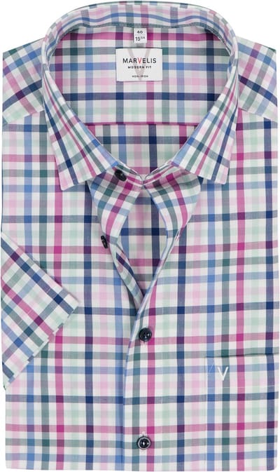 MARVELIS modern fit overhemd - korte mouw - popeline - wit met blauw - groen en roze geruit - Strijkvrij - Boordmaat: 45 (EU maat: XXL)