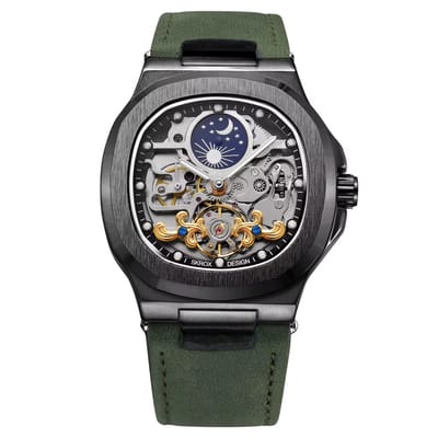 Soraro Automatische Horloge Groen | Waterafstotend | 42mm | Cadeau Giftbox | Leer | Rubber | Groene Band | Automatic Horloges | Automatisch Watchwinder | Stalen Band | Herenhorloge