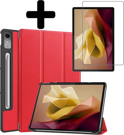 Hoes - Geschikt voor Lenovo Tab P12 - Met Screenprotector - Trifold Bookcase - Hard Cover Case - Met Uitsparing Geschikt voor Lenovo Pen - Hardcover Book - Tablet Hoesje - Rood