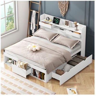 Tweepersoonsbed - MUVOE - 140x200 cm - Met USB-poort - Opberglades - Wit wit