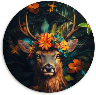 WallCircle® Wandcirkel 120x120 cm - Muurcirkel Hert - Bloemen - Natuur - Botanisch - Dier - Muurdecoratie woonkamer - Wanddecoratie slaapkamer - Kamer decoratie accessoires - Ronde schilderijen XXL