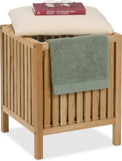 wasmand met zitje - 30 l - hout en stof - 51 x 38 x 38 cm - badkamerkruk
