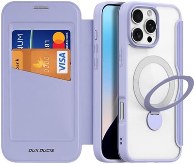Dux Ducis - Telefoon Hoesje geschikt voor Apple iPhone 16 Pro Max - Hoesje geschikt voor Magsafe magneet - Uitklapbare 360° ring standaard - Skin X Pro - Book Case - Paars