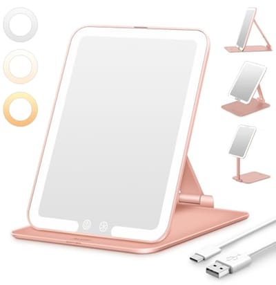 Opvouwbare LED Makeup Spiegel met 3 Kleurmodi - Draagbare Cosmetica Spiegel voor Thuis en Reizen