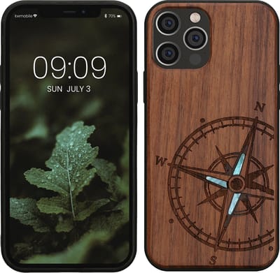 kwmobile telefoonhoesje geschikt voorApple iPhone 12 / iPhone 12 Pro - Hoesje met bumper - hout - In donkerbruin Parelmoer kompas design
