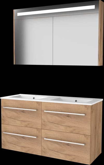 Basic Premium 46 badmeubelset met spiegelkast met geïntegreerde LED verlichting, wastafelonderkast met grepen, 4 lades en porseleinen wastafel met 2