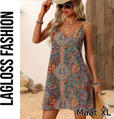 LaGloss® Bohemian Paisley Strandjurk Dames – Mouwloos Zomerjurkje Spaghettibandjes – Boho Wrapjurk – Maat XL