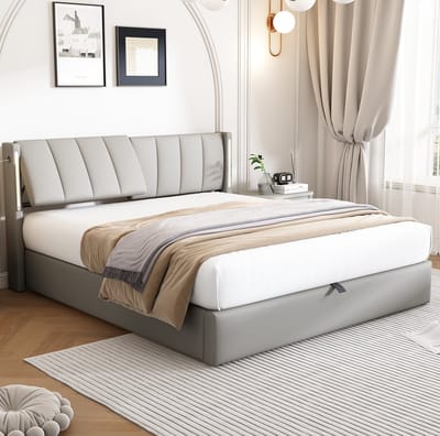 Dubbel hoofdeinde bed met LED-verlichting, gestoffeerd, afmetingen 140 x 200 cm, hydraulisch bed, voorzien van een oplaadbare USB-poort, LED-verlichting, opbergruimte, verstelbaar hoofdeinde, PU-materiaal, grijs.
