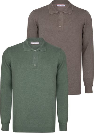 Felix Hardy Pullover Met Polokraag - 2 Pack Polo - 100% Katoen Heren Groen-Bruin - M