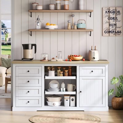 MODFU Sideboard, Keukeneiland, Bar-Kast met 5 Lades, 2 Uittrekbare Planken, Vouwbare Verlengblad en Ingebouwde Stopcontacten, Voor Keuken, Eetkamer en Woonkamer, Wit, 150×65×75 cm