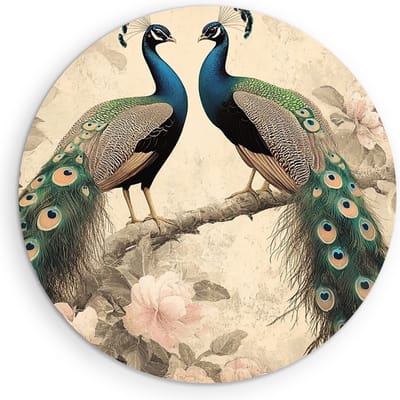 Saammp Muurcirkel Hout - 2 Pauwen - Vintage - Dieren - Natuur - Ø 90 - Wandcirkel - Wanddecoratie Cirkel - muurdecoratie Woonkamer - Slaapkamer decoratie - Rond Schilderij