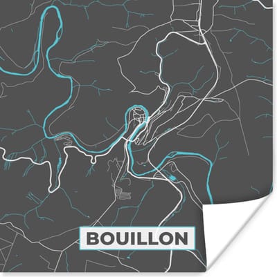 Poster Plattegrond – Bouillon – Blauw – Stadskaart - Kaart - België - 100x100 cm XXL