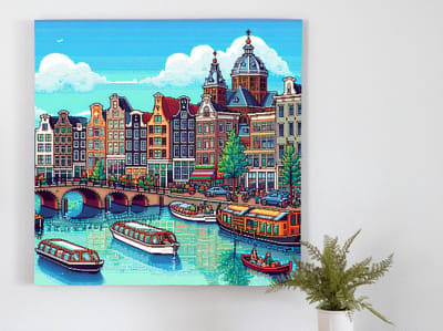Pixel art amsterdam schilderij | Amsterdamse pixelpracht: een kleurrijk kunstwerk vol stadschoon en flair | Kunst - 100x100 centimeter op Canvas | Foto op Canvas