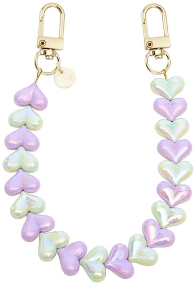 xoxo Wildhearts telefoonkoord - Funky Hearts Charm Cord (Purple & Green Metallic) - Geschikt voor iPhone en Samsung - Universeel Phone Cord - Telefoonketting - Bedeltje voor telefoon - Telefoonhanger - Ketting met hartjes - Paars en Groen