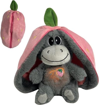 Sogiol® Ademende Knuffel Ezel - Slaapknuffel met Ritmische Ademhaling, Muziek & Licht - Slaaphulp Baby & Kind - Rustgevende Knuffel - Aardbei & Avocado Design - White Noise & Hartslag - Roze