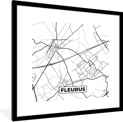Fotolijst incl. Poster Zwart Wit- België – Fleurus – Stadskaart – Kaart – Zwart Wit – Plattegrond - 40x40 cm - Posterlijst