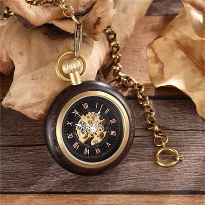 Vintage Zakhorloge Skeleton | Mechanisch Zakhorloge | Handmatige Opwinding | Met Ketting | Hout | Bruin