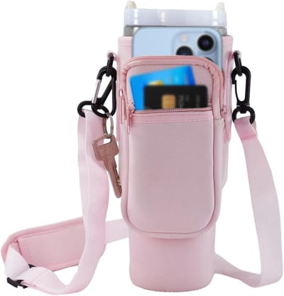 Draagtas voor Waterfles 100 ml met Telefoonvak, Verstelbare Schouderriem en Handvat voor Reizen, Wandelen, Hardlopen en Fietsen (Roze)