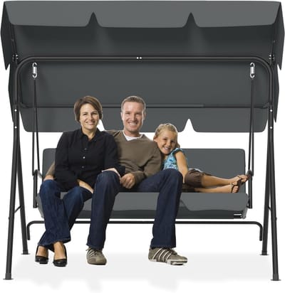176x110x152cm Schommelbanken met Verstelbaar Luifel, Zitkussen en Anti-Slip Stalen Frame Poten, 3-Zits Tuinschommelbank Belastbaar tot 200KG, Grijs Schommelbank, Ligstoel voor Buiten en Binnen, NAIZY