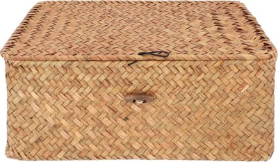 QUVIO Opbergmand - Opbergdoos - Opbergbox - Voorraaddoos - Organizer - Sorteerdoos - Met deksel - Met knoop - Rotan - Bruin - 29 x 19 x 12 cm