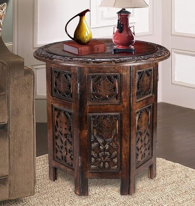 Solid Wood Hand Carved Accent Table, Side Table, Entry Table, Wooden End Table, Bedside Table, Octagonal Wooden Table - 18 Inch Round Top x 18 Inch High - Burned