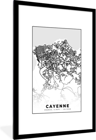Fotolijst incl. Poster Zwart Wit- Stadskaart - Frankrijk - Kaart - Plattegrond - Cayenne - Zwart wit - 80x120 cm - Posterlijst