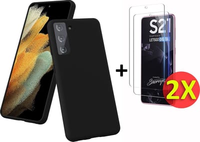 HB Hoesje Geschikt voor Samsung Galaxy S21 - Zwart - Siliconen Back Cover + 2X Glazen Screenprotector