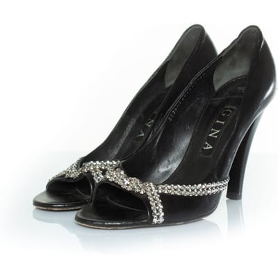 Gina Zwarte leren peeptoe hakken met strass
