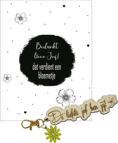 Sleutelhanger en kaartje JUF | groen | bloemen | jij bent de liefste | liefste juf | topjuf | einde schooljaar | cadeau
