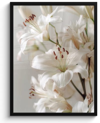 Poster in lijst - Fotolijst 60x80 cm - Posters - Lelies - Boekte - Wit - Meeldraden - Posterlijst zwart - Decoratie - Wanddecoratie woonkamer - Muurdecoratie slaapkamer