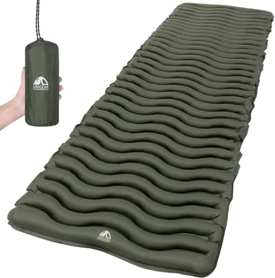 Opblaasbare slaapmat voor kamperen - nylon en TPU – golfvorm – dubbele klep – compact opbergbaar – legergroen