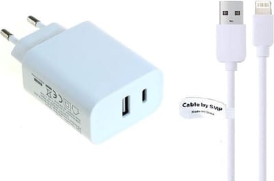 OneOne 20W Lader met USB A en C poort + 2,0m OneOne USB A naar Lightning kabel. USB C voor snelladen. Oplader adapter past op Apple iPhone XR, iPhone XS, iPhone XS Max, iPhone 10, iPhone 11, 11 Pro, 11Pro Max, iPhone 12, 12 Mini, 12 Pro