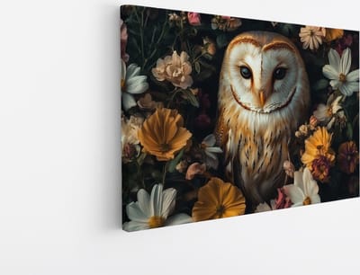 Saammp - Canvas Schilderij Uil - tussen de bloemen- Abstract - Dieren - 30x20 - Foto op canvas - Wanddecoratie - muurdecoratie Woonkamer - Slaapkamer decoratie - Canvas Print