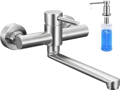 CECIPA max Keukenkraan voor Wandmontage Waterkraan - Met Zeepdispenser 300ML - 360° Draaibaar Wandmontage Waterkraan - Keuken kraan - Muurkraan Keuken-Zilver
