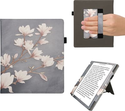 kwmobile e-reader hoesje geschikt voor Pocketbook InkPad Eo / Bigme InkNote Color+ hoes - E reader flip case van kunstleer - Ereader cover met stand - Magnolia design in taupe / wit / blauwgrijs